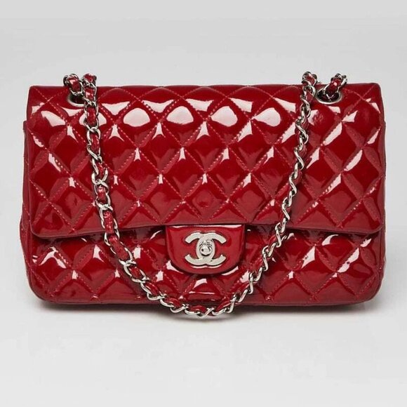 Chanel Red Quilted Patent Leather Classic Medium Double Flap Bag - Picture 1 of 12